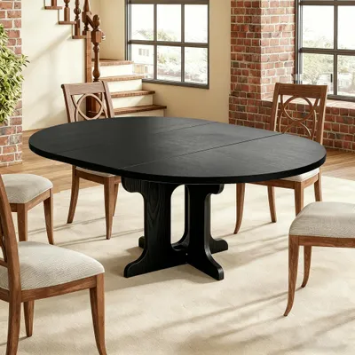 Produktbild von Runder Ausziehbarer Tisch Küchentisch 90-120 cm, 4-8 Personen Holz und weiß, Erweiterungsplatten intern, oval für Restaurant Wohnzimmermit Küche