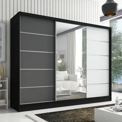 Produktbild von Schwebetürenschrank, 3-türig Schrank 200 cm mit Spiegel ARIVA 1 (Schwarz / Weiß / Graphit)