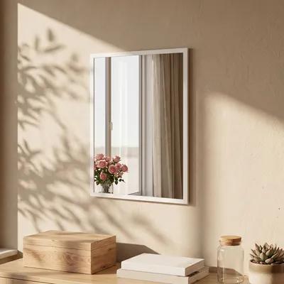 Produktbild von Rechteckiger Wandspiegel 50x70 cm Weiß - Moderner Dekospiegel mit MDF-Holzrahmen - Hängespiegel für Bad, Flur & Schlafzimmer