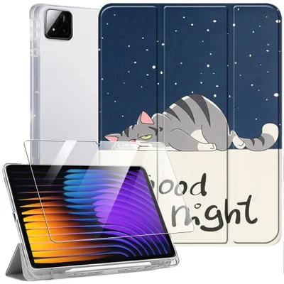 Image de Coque + Verre Trempé pour Xiaomi Pad 7 / Xiaomi Pad 7 Pro, Protection avec Porte-Stylet -Motif Chat