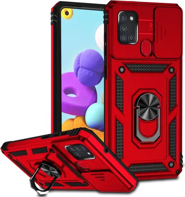 Produktbild von Galaxy A21S Hülle mit Schiebe Kamera Schutz und Ringhalter Ständer Robust Rüstung Schutzhülle für Samsung Galaxy A21S Rot