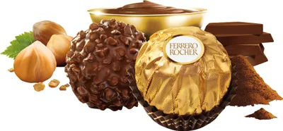 A collection of Ferrero Rocher chocolates, hazelnuts, and chocolate pieces arranged on a white background.