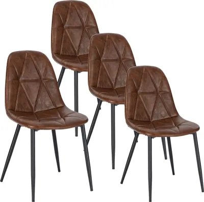 Four brown dining chairs with black metal legs are arranged in a staggered formation against a white background.