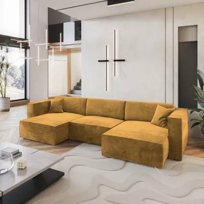 Produktbild von Masseno Ecksofa SARMO M mit Schlaffunktion U-Form, Sofa mit Bettkasten, Wohnzimmersofa, Couch, Soffa, Bettsofa, Couchgarnitur- Gelb, MONOLITH 48