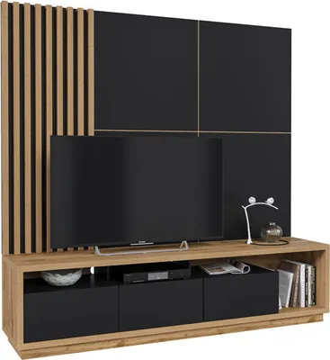 Produktbild von Wohnzimmer Set CELINE Lowboard mit Wandpaneel und Lamellenwand wotan eiche - schwarz