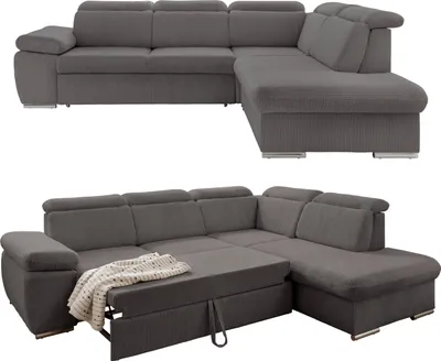 Produktbild von Ecksofa Gästebett Stauraum Kopfstütze Couch Ottomane rechts Cord Dunkelgrau / 17217