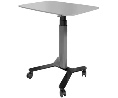 A product shot of a mobile, height-adjustable desk.