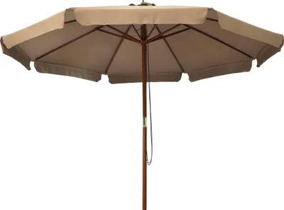 A taupe patio umbrella with a wooden pole is shown against a white background.