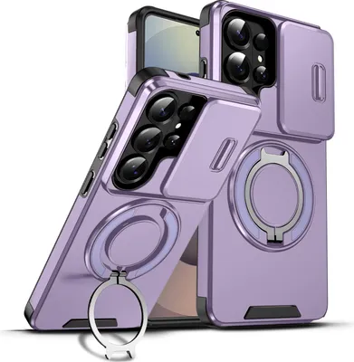 Obrázek produktu pro Dvouvrstvé pouzdro pro Samsung Galaxy S26 Ultra, s posuvným krytem fotoaparátu a magnetickým kroužkovým stojánkem Fialová