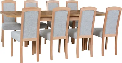 A dining table with eight chairs.
