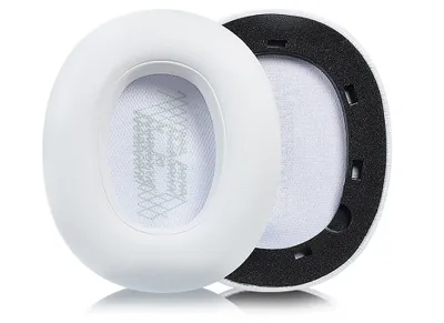 Two white ear pads for headphones are shown against a white background.