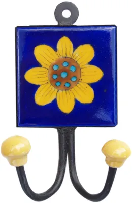 Produktbild von Doppelwandhaken, Garderobenhaken mit Handgefertigter Blue Pottery Keramik Fliese - Modell 12, Blau, Keramik,Metall, 15*10*5,5 cm, Wandhaken aus Holz, Metall & Keramik