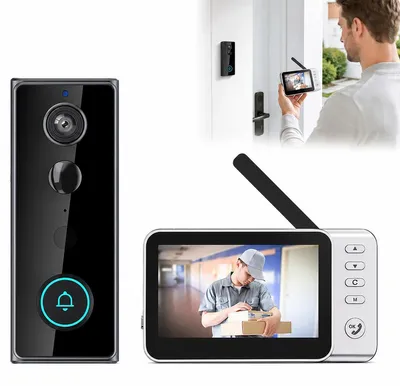 Produktbild von Video Türklingel mit Kamera, Funk Türklingel ohne WLAN und Abo mit 4,3 Zoll Innenmonitor, PIR Bewegungssensor, Nachtsicht und Akku