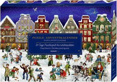 A Christmas advent calendar puzzle box with a winter scene of houses and children playing in the snow.