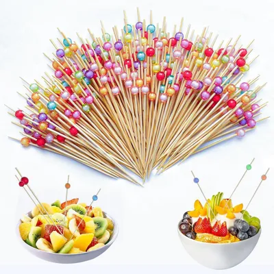 Immagine prodotto di Spiedini per cocktail, confezione da 200 pezzi, lunghezza 12 cm, in legno con perline di acrilico colorate, ideali per finger food e decorazioni
