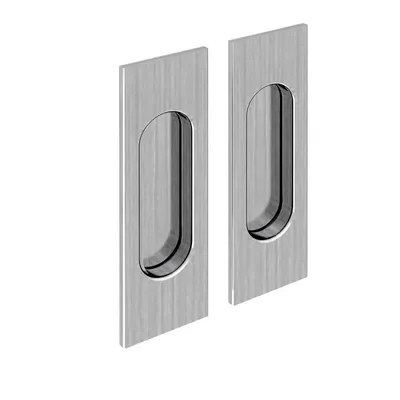 Two brushed nickel rectangular recessed sliding door handles are shown against a white background.