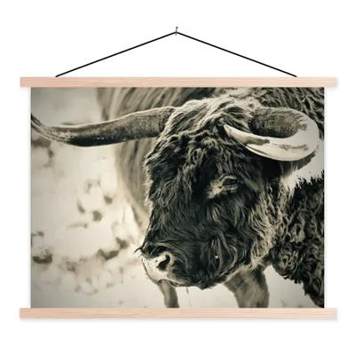 Produktbild von MuchoWow® Textilposter Schottischer Highlander - Schnee - Hörner 40x30 cm mit holzfarbenen Rahmen - Bilder