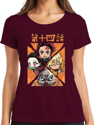 Produktbild von Kimetsu no Yaiba Tanjiro Nezuko Zenitsu Inosuke Chibi Geschenk Damen T-Shirt, Burgundy, L
