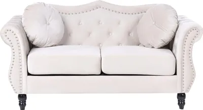 Produktbild von BELIANI 2-Sitzer Sofa Hellbeige Gepolstert Gesteppt mit Kissen Holzbeinen Knopfheftung Retro Chesterfield Stil Freistellbar Wohnzimmer Polstersofa