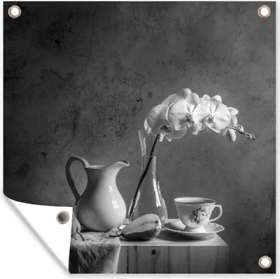 Produktbild von MuchoWow® 100x100 cm Outdoor-Poster Gartendeko Sichtschutz Garten Poster für den Garten  Kanne - Tee - Stilleben