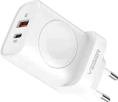 A white VEGER brand USB-C PD charger with two ports.