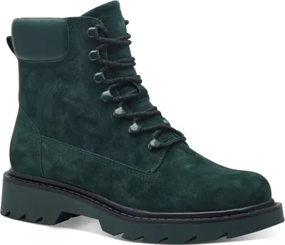 A single green suede lace-up boot is shown against a white background.