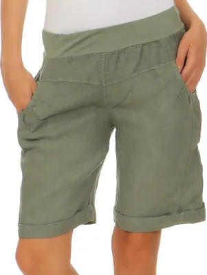 Produktbild von Bermuda Shorts Damen Leinenshorts kurze Hose Freizeithose 100% Leinen Shorts Uni Sommer Strand Art. 276 Oliv XXL