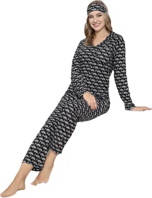 Produktbild von Damen Pyjama Set Langarm Schlafanzug Nachtwäsche 2-Teiler Schwarz,Baumwolle 4630