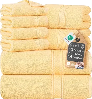 Zdjęcie produktu dla Zestaw ręczników Cloud Pillow, 8 sztuk – 100% bawełna, certyfikat Oeko-TEX, 460 g/m², 2 ręczniki kąpielowe 68x135, 2 ręczniki do rąk 40x70, 4 myjki 30x31 (żółte)