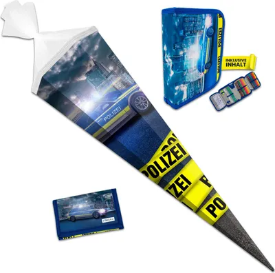 Produktbild von itenga Schultüte 85cm mit Mäppchen (gefüllt) und Brustbeutel Set POLIZEI