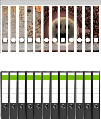 Produktbild von Wallario 12 Stück schmale Ordner inkl. Klebeetiketten mit Motive Lustige Kaffeetasse mit einem Lächeln - Kaffeebohnen und Zimt -  Set mit Rückenschildern / Ordnerrücken Stickern