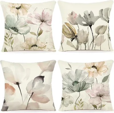 Image de Housse de coussin à motifs floraux, 45 x 45 cm, lot de 4 housses pour coussins d'extérieur, coussins décoratifs, en lin, housses de coussin, motif floral, style aquarelle