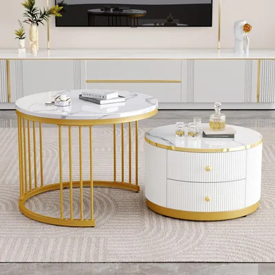 Produktbild von 2er-Nesting-Couchtisch, weiß, Marmor-Hochglanz, Schubladen