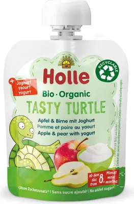 MUS SMACZNY ŻÓŁWIK (JABŁKO - GRUSZKA - JOGURT) BEZ DODATKU CUKRÓW OD 8 MIESIĄCA BIO 85 g - HOLLE