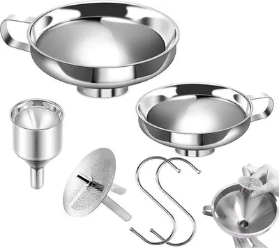 Immagine prodotto di Set di imbuti in acciaio inossidabile Unyqoos® (3 pezzi) + colino a maglie fini + 2 ganci a S, acciaio inossidabile 304, imbuti per riempire e versare in bottiglie, barattoli, per olio, marmellate