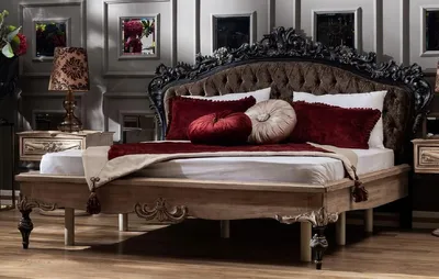Produktbild von Casa Padrino Luxus Barock Doppelbett Dunkelbraun / Naturfarben / Schwarz / Gold - Edles Massivholz Bett mit Kopfteil - Prunkvolle Schlafzimmer Möbel im Barockstil