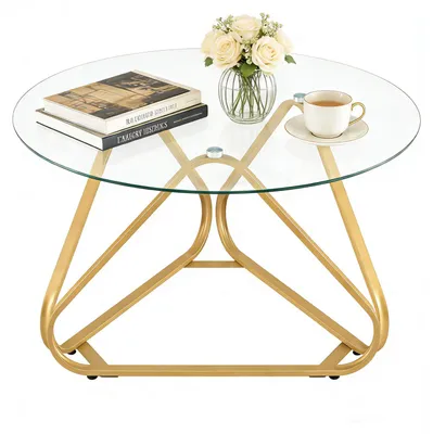 Produktbild von KOMFOTTEU 80 cm Couchtisch rund, Wohnzimmertisch mit Tischplatte aus gehärtetes Glas, stabiler Dreieckrahmen & verstellbare Fußpolster, freistehender Beistelltisch für Wohnzimmer, Schlafzimmer & Büro