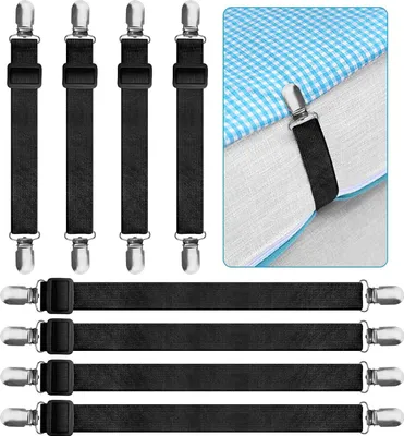 A set of black elastic bed sheet straps with metal clips, displayed against a white background. A close-up inset shows the straps in use holding a bed sheet in place.