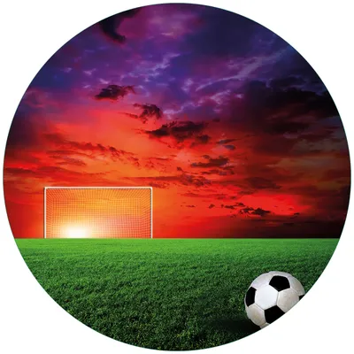 Produktbild von Wallario Premium Glasbild, freischwebende Optik, kräftige Farben, rund 50cm Durchmesser, Motiv Fußball - Fußballfeld bei Sonnenuntergang
