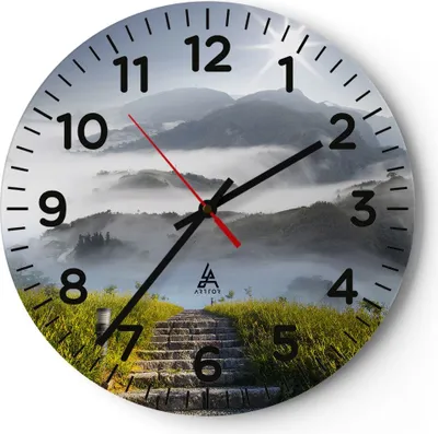 Produktbild von Wanduhr - Rund - Glasuhr - Berg Nebel Landschaft Morgen - 30x30cm - Schleichendes Uhrwerk - Lautlos - zum Aufhängen bereit - Dekoration Modern - Wanddekoration aus Glas - C4AR30x30-2478