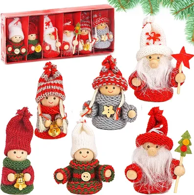 Productafbeelding van Kerstkabouters van hout en touw - 6-delig - Boomhanger Kersthanger - 8 cm in geschenkdoosje rood
