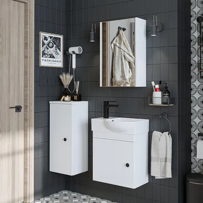 Zdjęcie produktu dla Zestaw mebli łazienkowych Roomart PUNTO, 4-częściowy, szerokość 46,5 cm, biały
