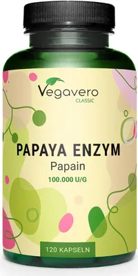 Produktbild von Vegavero Papaya Enzym | 120 Kapseln | 100% reines Papain | 700 mg pro Kapsel | Enzymaktivität von 100.000 U/g | vegan
