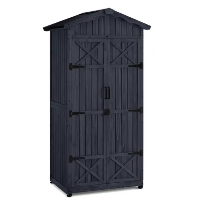 A dark gray wooden garden shed with double doors and a pitched roof, presented against a white background.