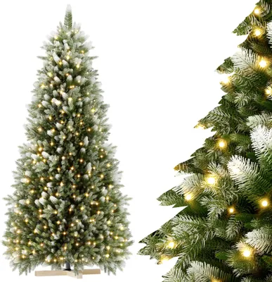 Produktbild von JOIEYOU 225cm Künstlicher Weihnachtsbaum mit Grün PVC Spitzen & Grün PE Spitzen Tannenbaum Christbaum mit Holzständer & Warmweiß LEDs für Weihnachten, Halloween, Hochzeit (mit Schnee-Effekt)