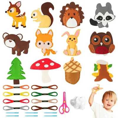 Produktbild von Nähset Kinder Filztiere Bastelset ab 6 Jahren 12 Stück mit Füllwatte und Nadeln