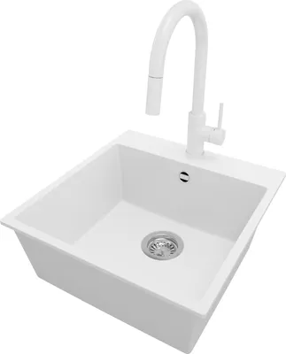 Produktbild von PRIMAGRAN Granitspüle Weiß 48x50cm, Spülbecken 1 Becken + Küchenarmatur 40x20cm + Ablauf-Set, Küchenspüle ab 50er Unterschrank - Riga