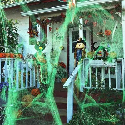 Obrázek produktu pro Halloweenská dekorace – pavučina 2024 – svítící – 200 g – ohebná – 30 pavouků – do interiéru i exteriéru – dekorace do domácnosti