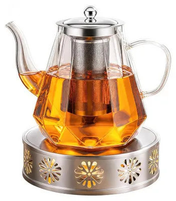 Glaskanne mit Teesieb und Stövchen, 1 Liter, Gold/Transparent