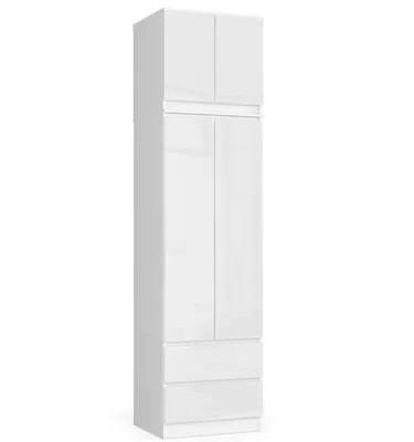 Produktbild von Kleiderschrank mit Aufsatz – Drehtürenschrank – Schlafzimmerschrank – STAR – Weiß / Hochglanz – 60 cm – Schrank mit 2 Türen und Schubladen